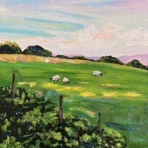 Sheep in Meadow Acrylic Painting on Canvas